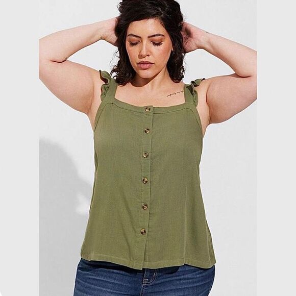 Torrid Olive Green Floral Double Gauze Ruffle Button Front Tank Top Sz 2X - Picture 4 of 10